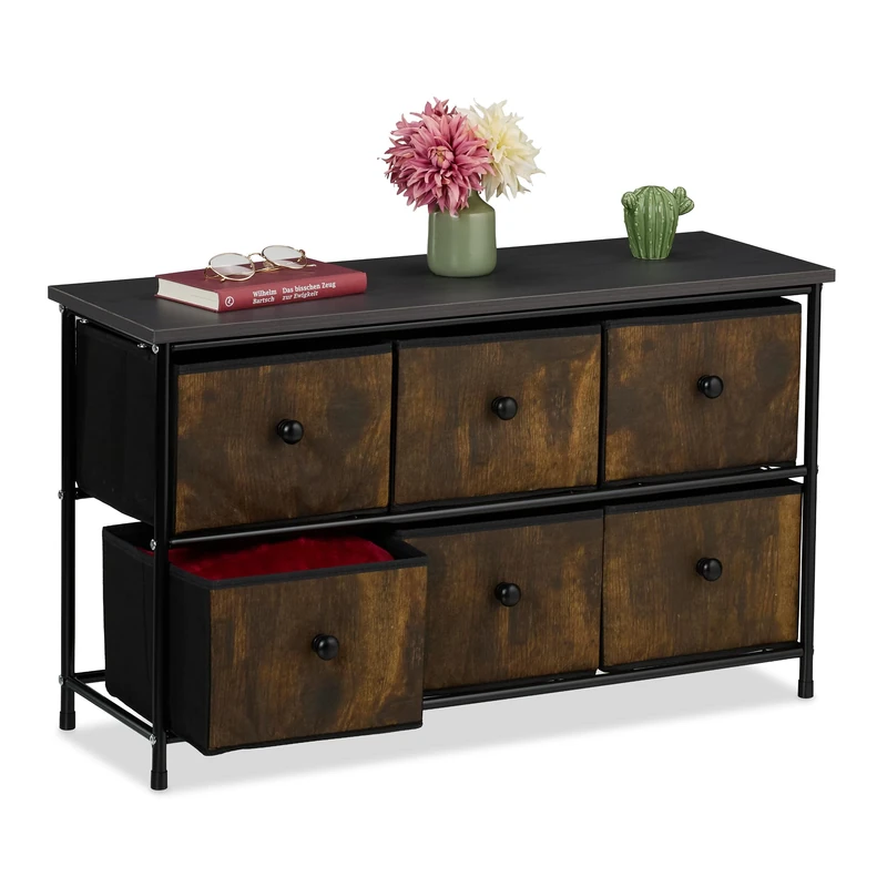 Relaxdays Sideboard, 6 Fabric Drawers, Hallway & Bedroom, HWD: 51x87x32 cm, Storage Unit, Dresser, Metal, Brown/Grey, 40% Polyester fibreboard 30% Steel