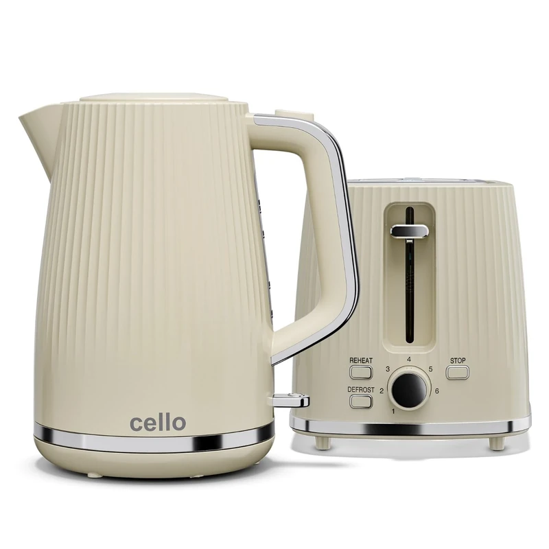 Cello Cream Breakfast Bundle: 1.7L 3000W Rapid Boil Kettle with Auto Shutoff, Cordless & Washable Filter | 850W 2 Slice Toaster with Wide Slots, 7 Browning Levels, High Lift & Illuminated Controls