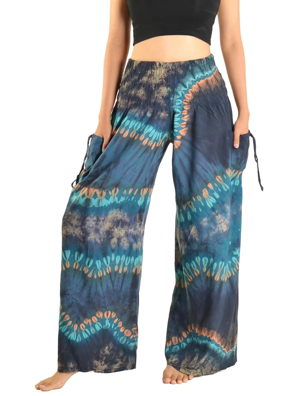 Orient Trail Women's Cold Dyed Wide Leg Palazzo Yoga Tie Dye Pants, Lava Blue, XL