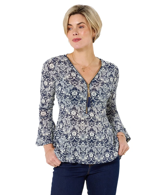 Joe Browns Women's Lace Overlay Fluted Sleeve Zip Front Top, Regular, Navy, UK 12