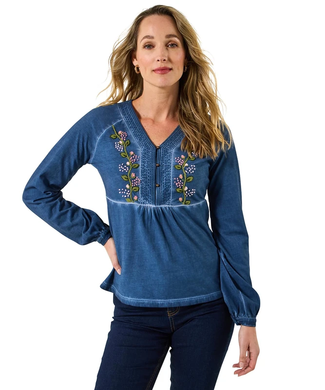 Joe Browns Women's Remarkable Printed Patchwork Henley Top Blouse, Blue, 18