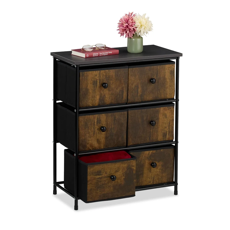 Relaxdays Chest of Drawers, 6 Fabric Compartments, Hallway & Bedroom, HWD: 73x60x32 cm, Dresser, Metal, Brown/Grey, Steel 30% fibreboard 40% Polyester