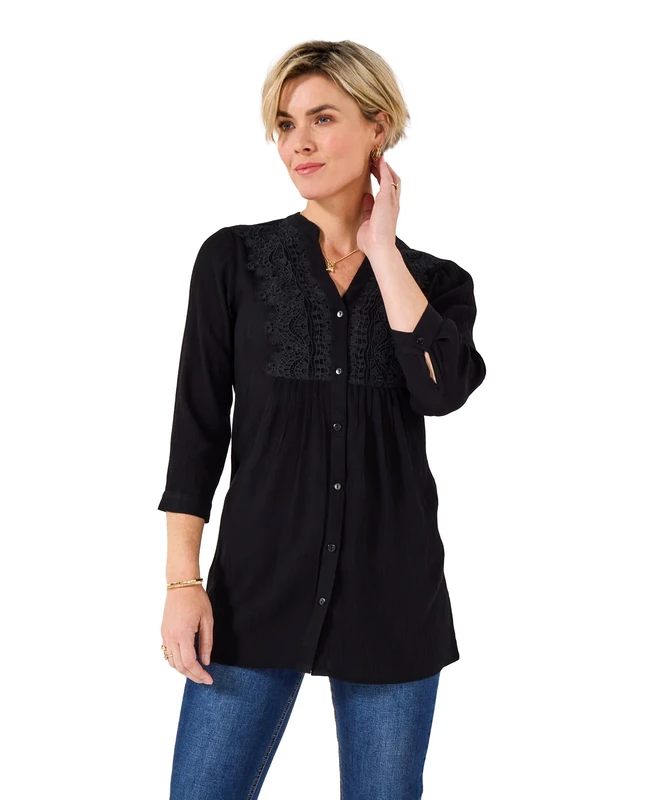 Joe Browns Women's Soft Crinkle Longline Lace Blouse, Black, 14