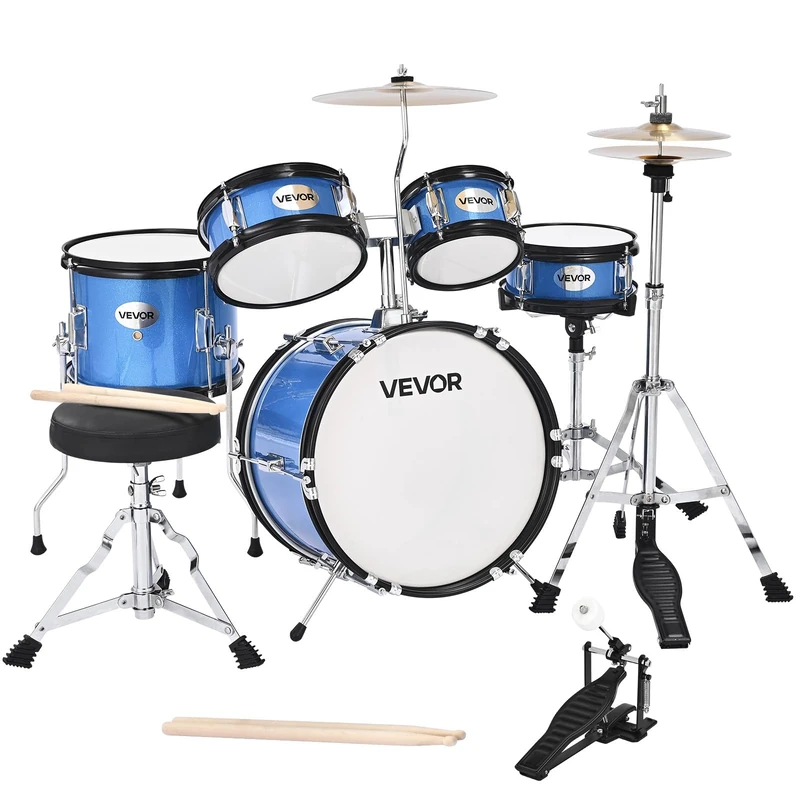 VEVOR Kids Drum Set, 5-Piece 14 in Junior Drum Sets, Beginner Drums Set with Adjustable Throne, Cymbal & Two Pairs of Drumsticks, Musical Learning Drums Instruments Kit, for Children Ages 6-13 (Blue)