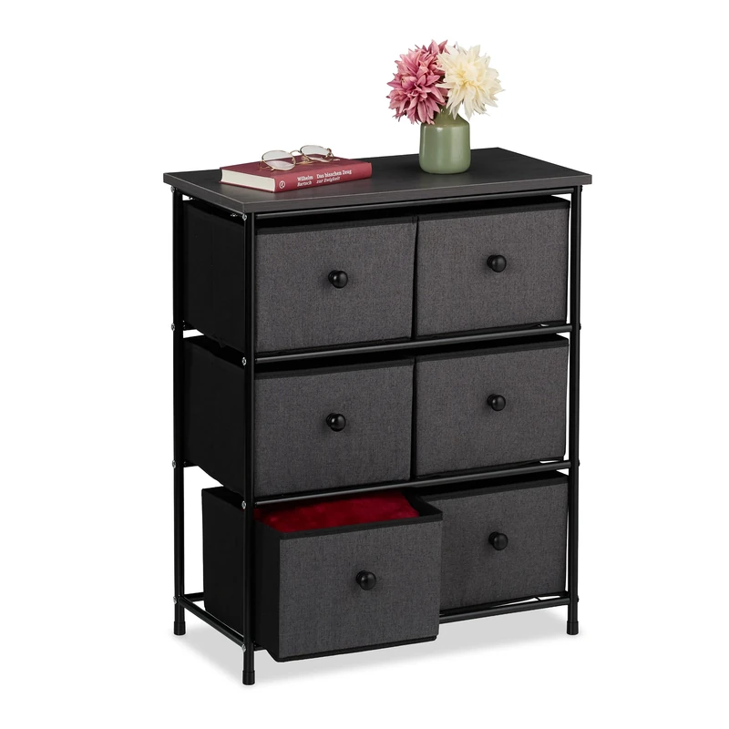Relaxdays Chest of Drawers, 6 Fabric Compartments, Hallway & Bedroom, HWD: 73x60x32 cm, Dresser, Metal, Grey/Black