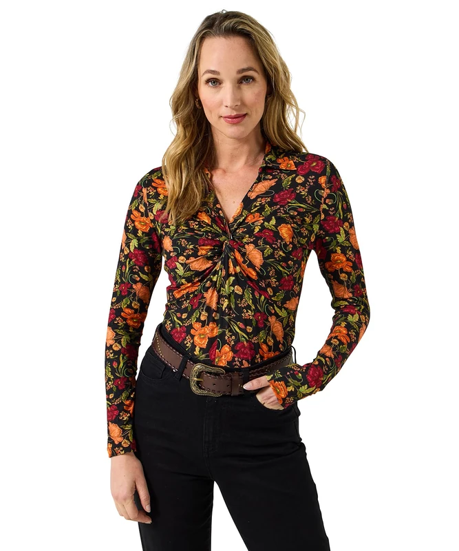 Joe Browns Women's Floral Twist-Front Collared Jersey Top, Regular, Orange, UK 12