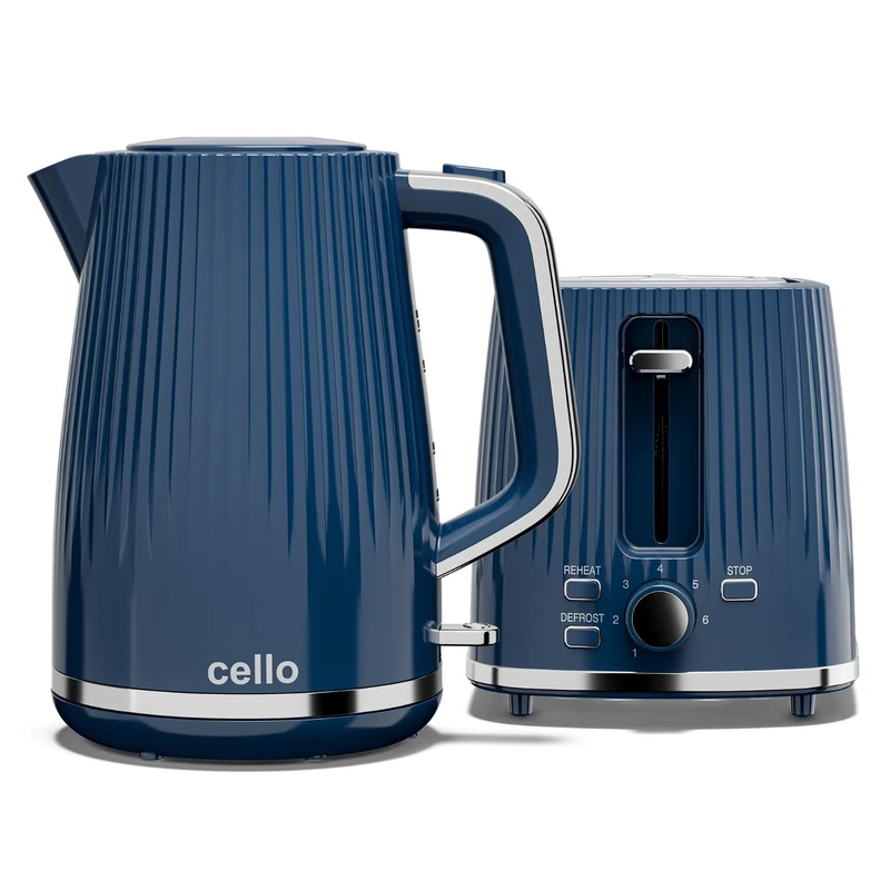 Cello Blue Breakfast Bundle: 1.7L 3000W Rapid Boil Kettle with Auto Shutoff, Cordless & Washable Filter | 850W 2 Slice Toaster with Wide Slots, 7 Browning Levels, High Lift & Illuminated Controls