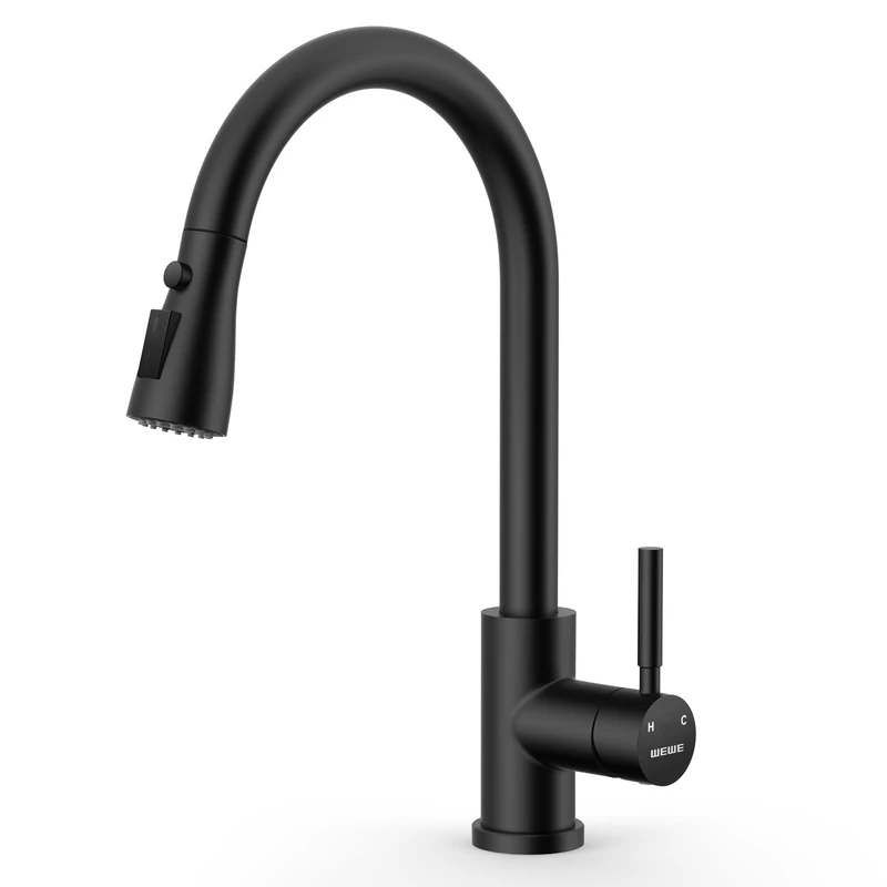 WEWE Kitchen Faucets with Pull Out Sprayer, Single Handle Stainless Steel 1 Hole for Family Kitchen, RV, Laundry Room, RV Bar, Matte Black