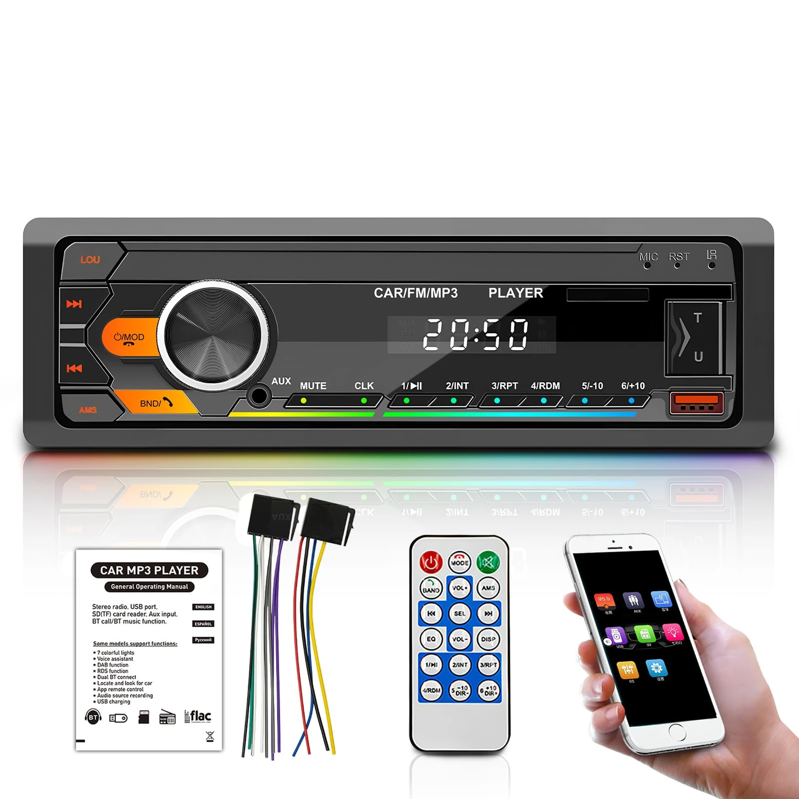 Single Din Car Stereo with Bluetooth 5.0 Hands Free Calling Voice Control, 7 Colors FM car radio with 2USB/AUX/SD/MP3 Player Remote Control, Car Audio System Car Stereo Receiver, Supports iOS/Android
