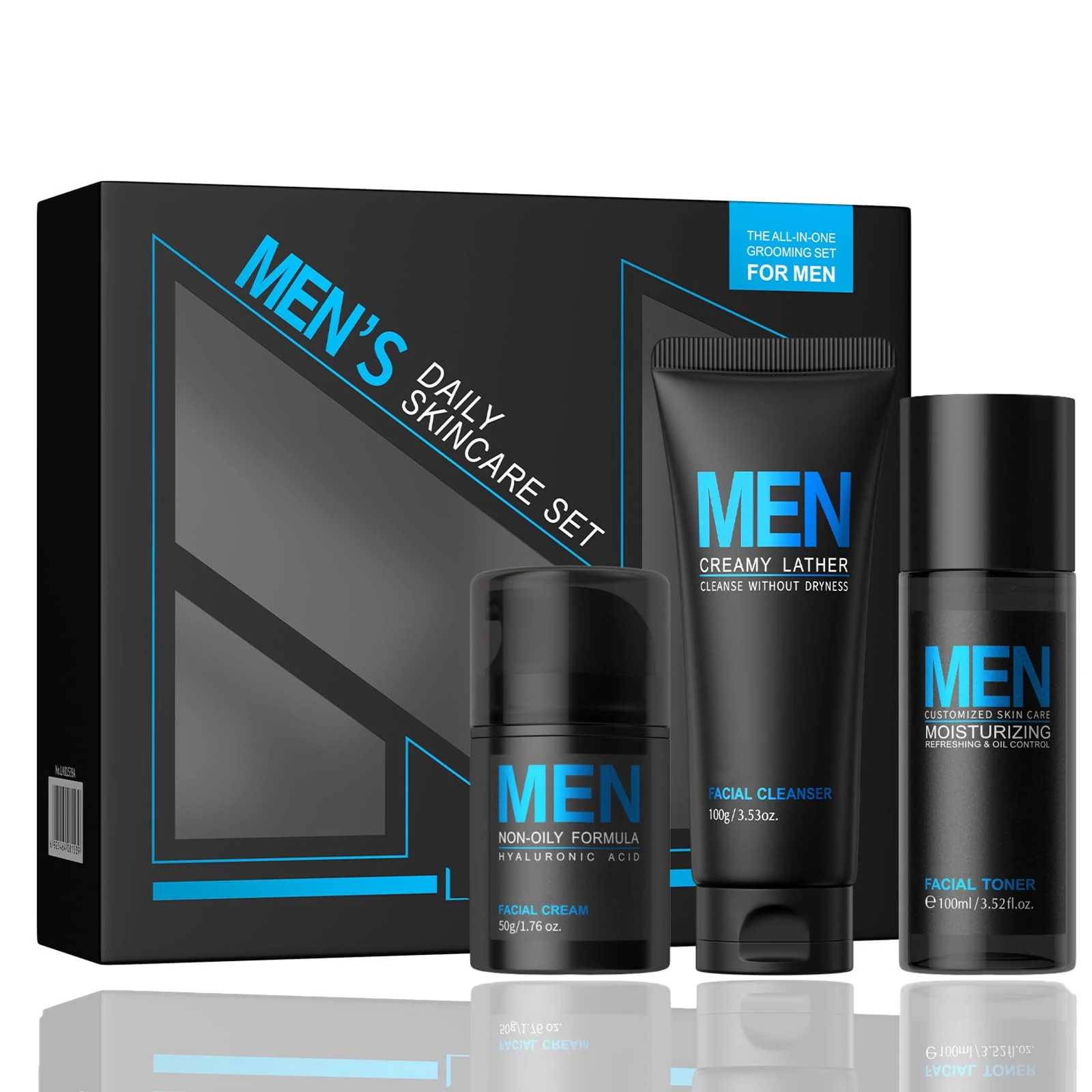 3PCS Mens Skin Care Sets & Kits, Men's Anti-Aging Care Set - Includes Mens Facial Cleanser, Facial Toner & Facial Cream - Hydrating & Moisturizing, Men Skincare Kit - Daily Routine For Men