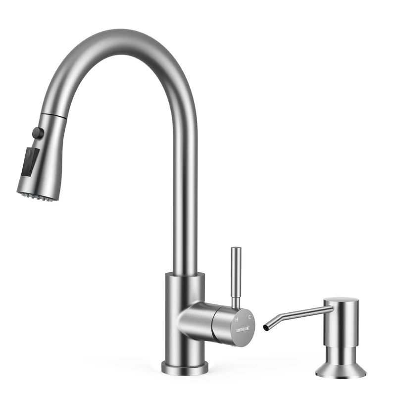 WEWE Kitchen Faucet with Soap Dispenser and Pull Out Sprayer, Classic Stainless Steel Single Handle Faucet 3 Modes for Kitchen Sink RV Brushed Nickel