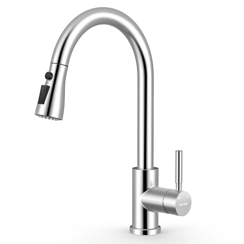 WEWE Kitchen Faucets with Pull Down Sprayer Stainless Steel Single Handle 1 Hole Family Kitchen Commercial Camper Laundry RV Bar Polished Chrome