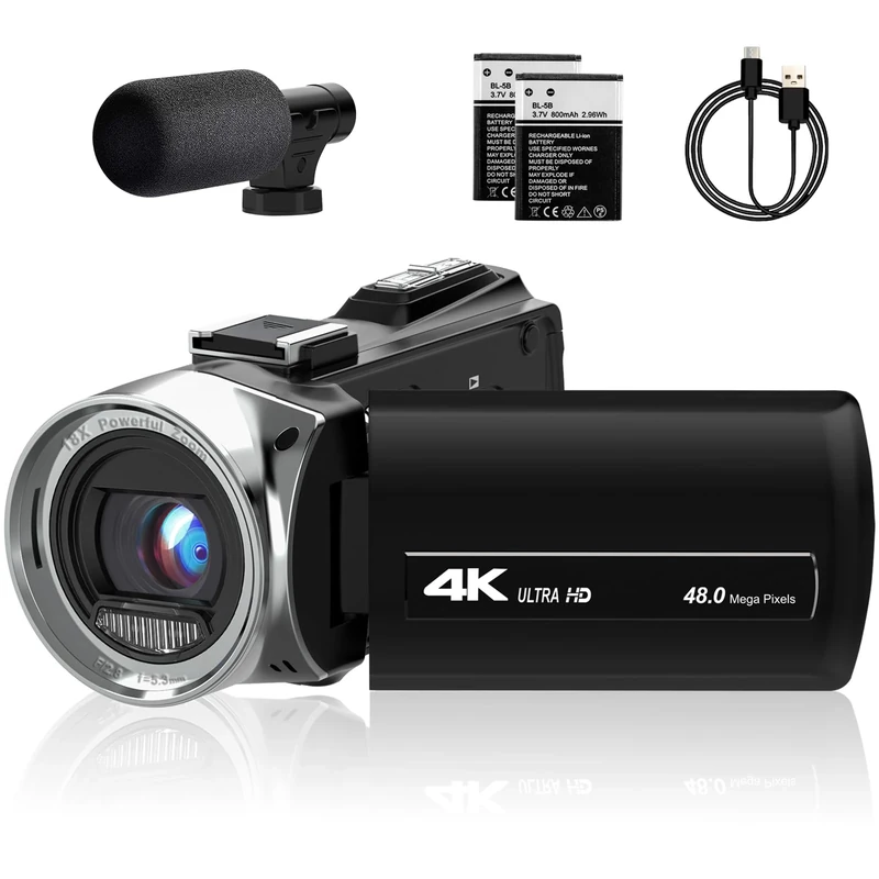 4K Video Camera Camcorder 48MP Vlogging Camera for YouTube 18X Digital Zoom,3.0" 270 Degree Rotation Screen Camera Recorder with Microphone, 2 Batteries