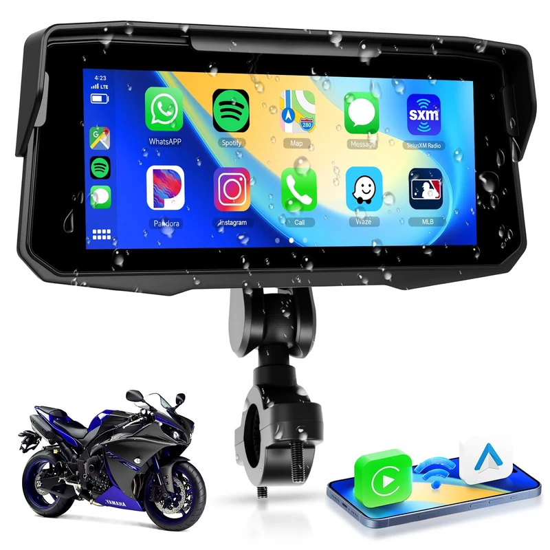 Hodozzy Motorcycle Carplay Screen with Bluetooth, Wireless Android Auto Touchscreen 6.86 Inch Portable Carplay Car Stereo for Moto, Waterproof Support Dual BT TF EQ, Voice Control, GPS Navigation