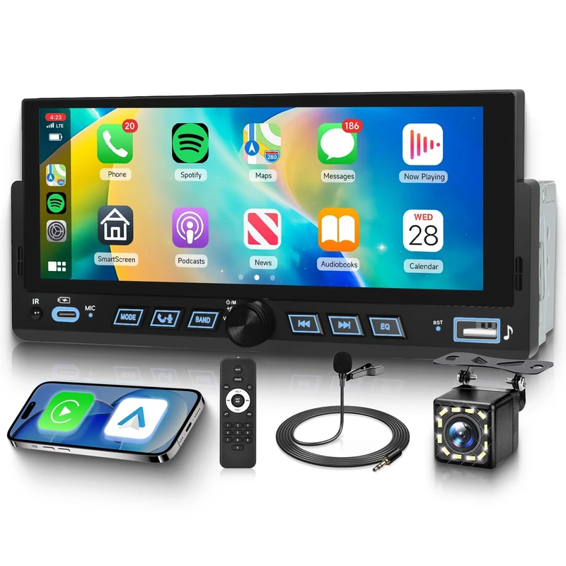 Hodozzy Single Din Car Stereo with Wireless CarPlay Android Auto, 6.86 Inch LED Touch Screen Car Radio Bluetooth 1 Din Head Unit MP5 Player MirrorLink FM EQ USB/SWC/Type-C Charging + Backup Camera