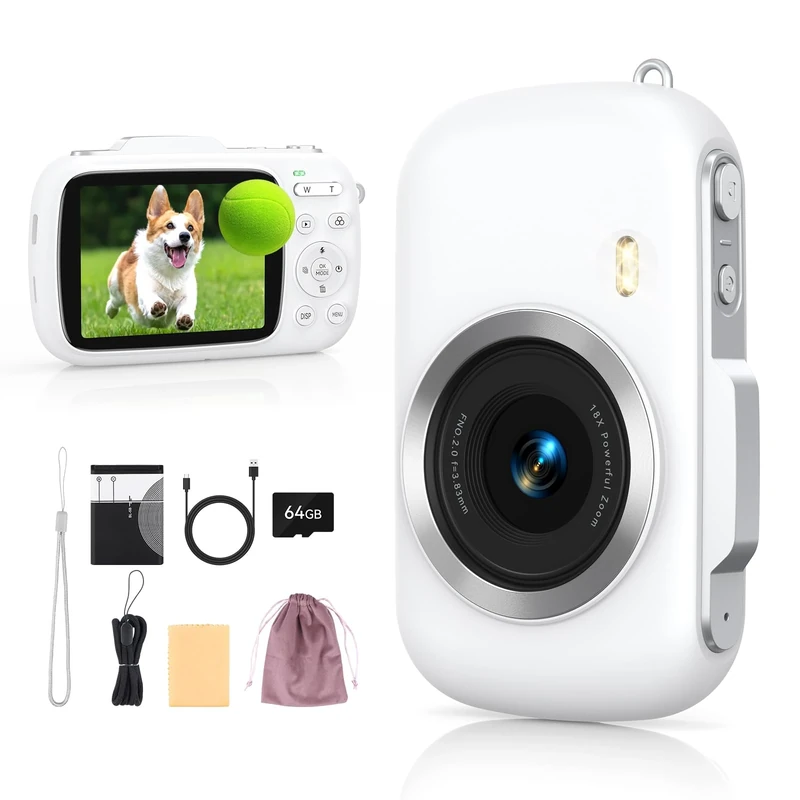 Gatatol Digital Camera 4K 64MP - Vlogging Camera for Kids & Beginners | 18X Zoom Point and Shoot Camera Anti Shake, Compact with Flash, Gift for Boys Girls (Light White)