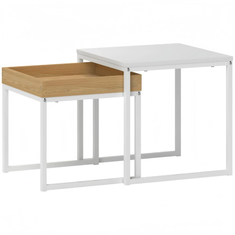 AIERSH Boxy Duo Nesting Tables Set - White & Wood-Effect Side Tables with U-Shaped Steel Legs, 40cm & 45cm Cube Table, Space-Saving Design (25kg/30kg Load)