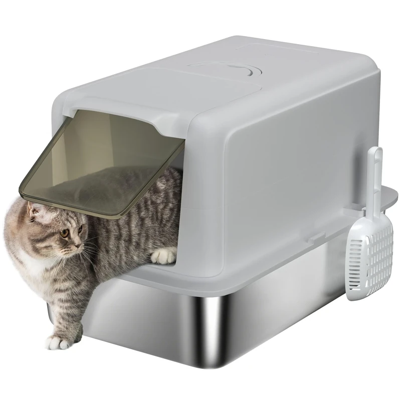 PawHut Stainless Steel Cat Litter Box, Extra Large Metal Cat Litter Tray with Lid, Scoop, Filter Bags, Grey