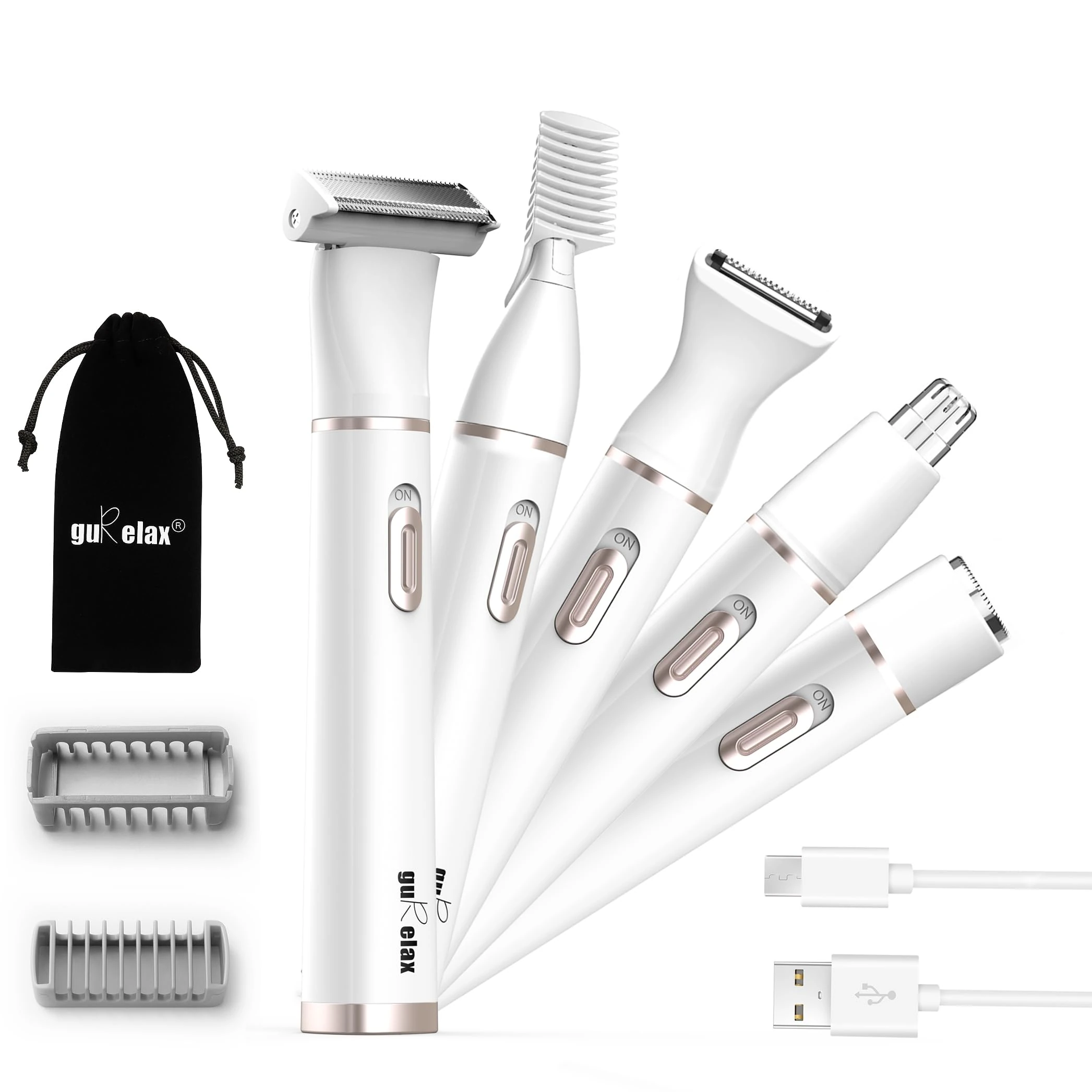 Gurelax 5 in 1 Lady Shavers for Women,Bikini Trimmer Women, Rechargeable Electric Razor with 5 Replacement Heads for Body,Pubic,Face,Eyebrow,Nose Hair,Armpit,Underarms with Storage Bag