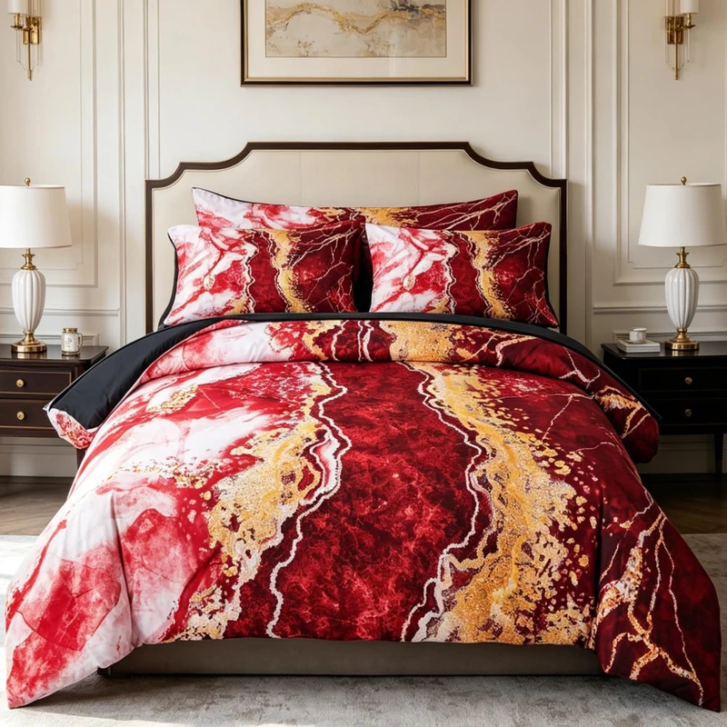 PERFEMET 6 Pieces Full Size Bed in A Bag Set Red and Gold Comforter Sets Abstract Watercolor Marble Bed Comforter with Sheets Artwork Retro Luxury Tie Dye Bedding Set(Red, Full)