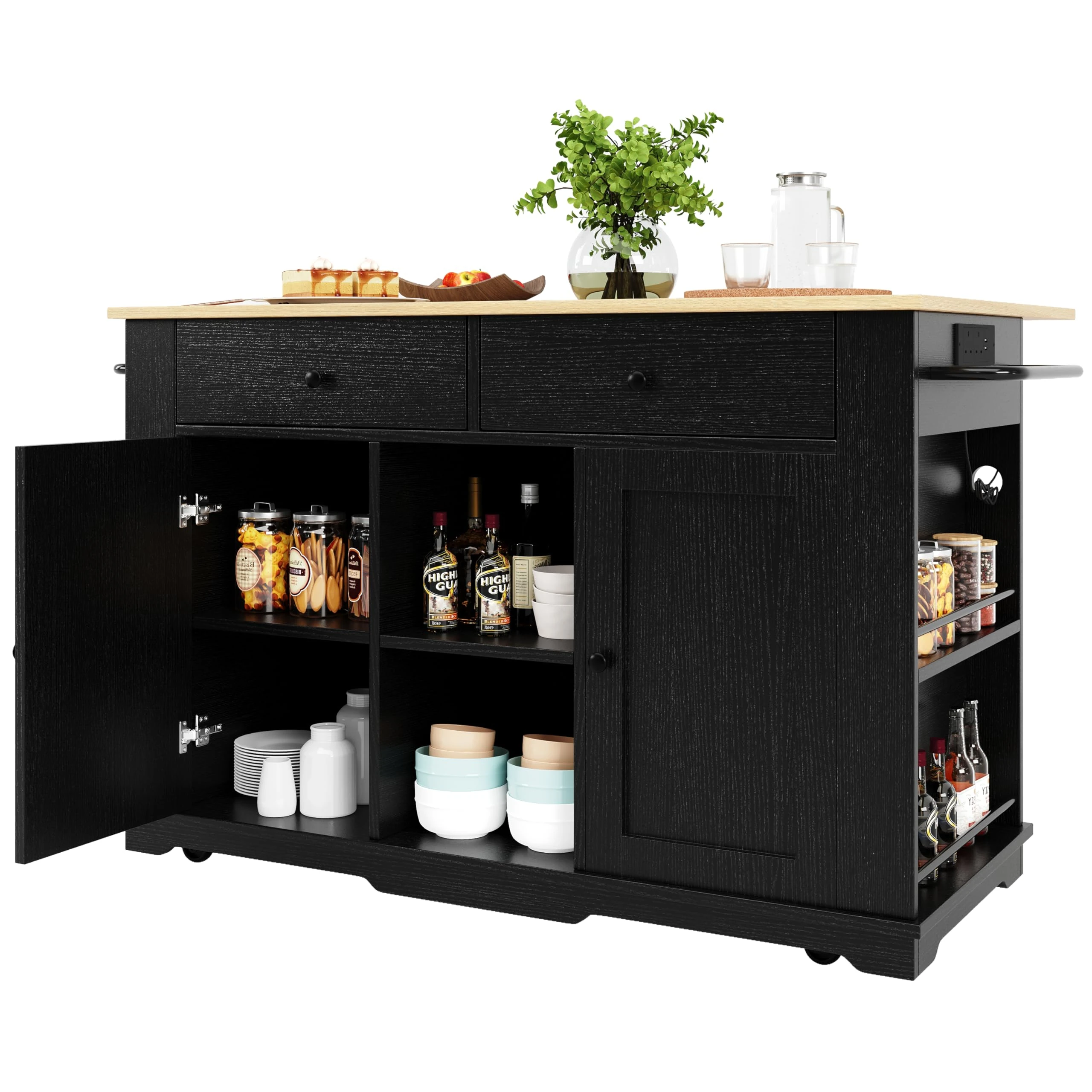 FammyLoft Rolling Kitchen Island on Wheels with Power Strip, Kitchen Trolley Storage with Folding Side Board, Adjustable Shelves, 2 Drawers, Trolley with Large Cabinet for Home Kitchens, Black