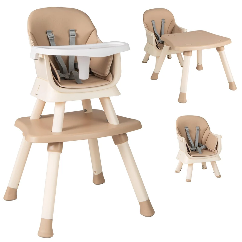 FANTASK Folding Highchair, 6-in-1 Baby High Chair with Safety Belt and Removable Tray, Adjustable Baby Chair, Coffee
