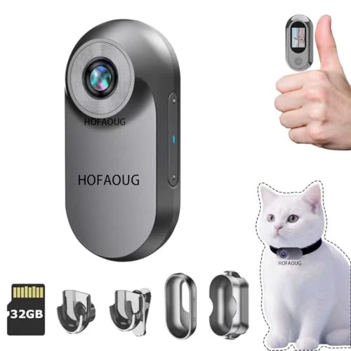 HOFAOUG 1080P Mini Body Camera, Mini Action Cam with Built in 32GB Memory Card, Thumb Sized The Compact Cameras for Work, Travel, Cycling and Pets Cat Camera Collar(Gray)