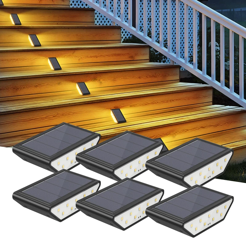Smiling Shark Solar Lights for Outdoors, Pack of 6 Solar LED Stair Lighting Outdoor Warm White Double-Sided Lighting IP65 Waterproof Solar Step Lights for Garden Patio Walkway