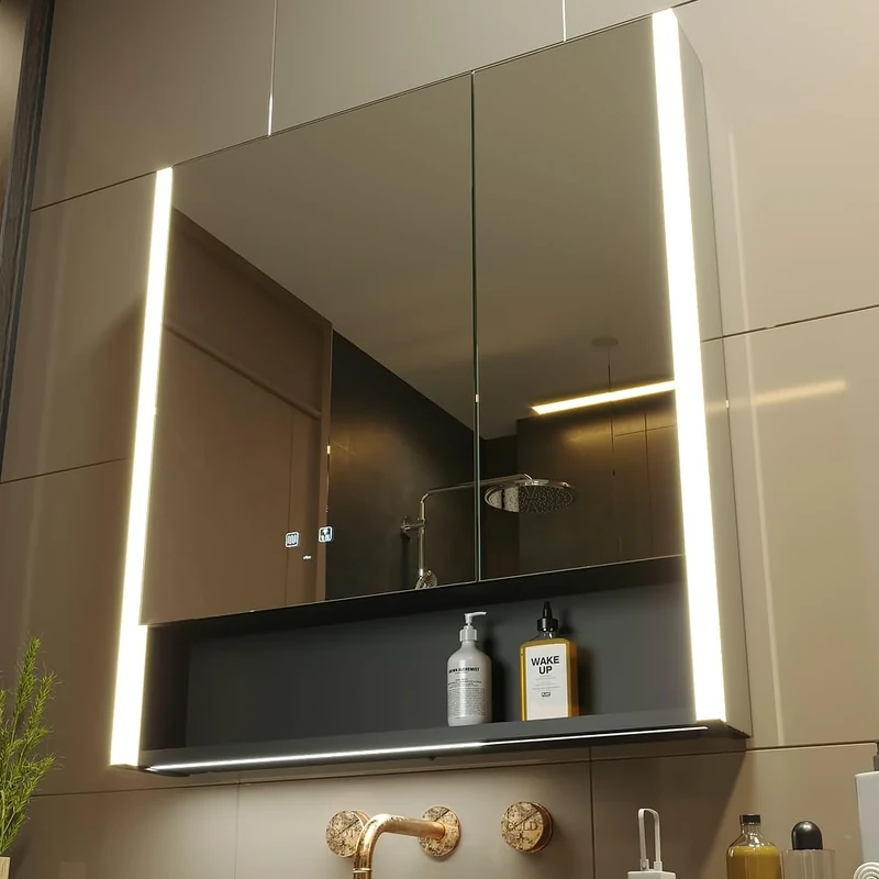 KWW LED Illuminated Bathroom Medicine Cabinet with Mirror, Colour Temperature Adjustable, Anti-Fog Dimmable Lights, Sockets for USBs (80 x 85 cm)