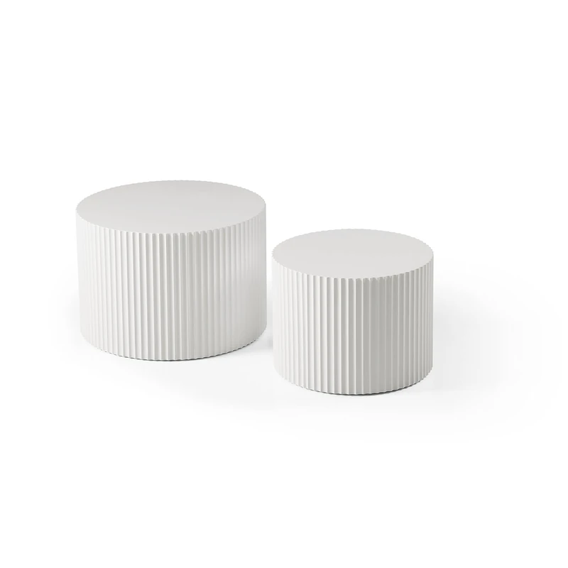 NJLyuhome 2-Piece White Fluted Round Coffee Table Set - Minimalist Style