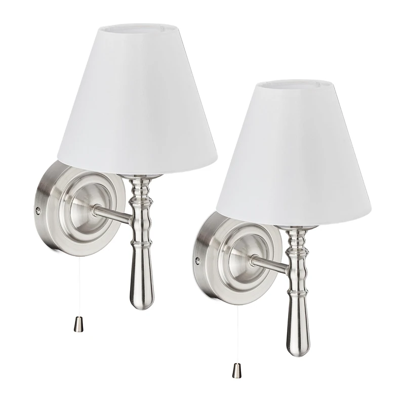 Relaxdays Wall Light, Set of 2, with Fabric Lampshade, Pull Switch, E14, 28x16x19 cm, Hallway & Bedroom, Silver/White