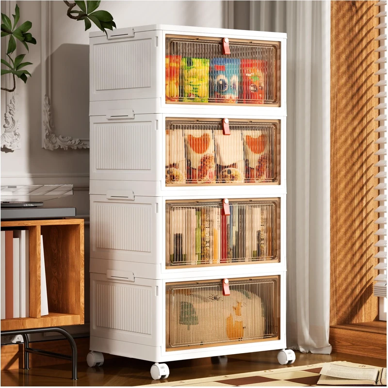 PurKeep Storage Boxes with Lid - 28L*4 Tier Plastic Storage Box with Lid, Stackable Boxes with Wheels, Storage Drawers with Front Door, Plastic Box for Home and Office, White, 4 Packs