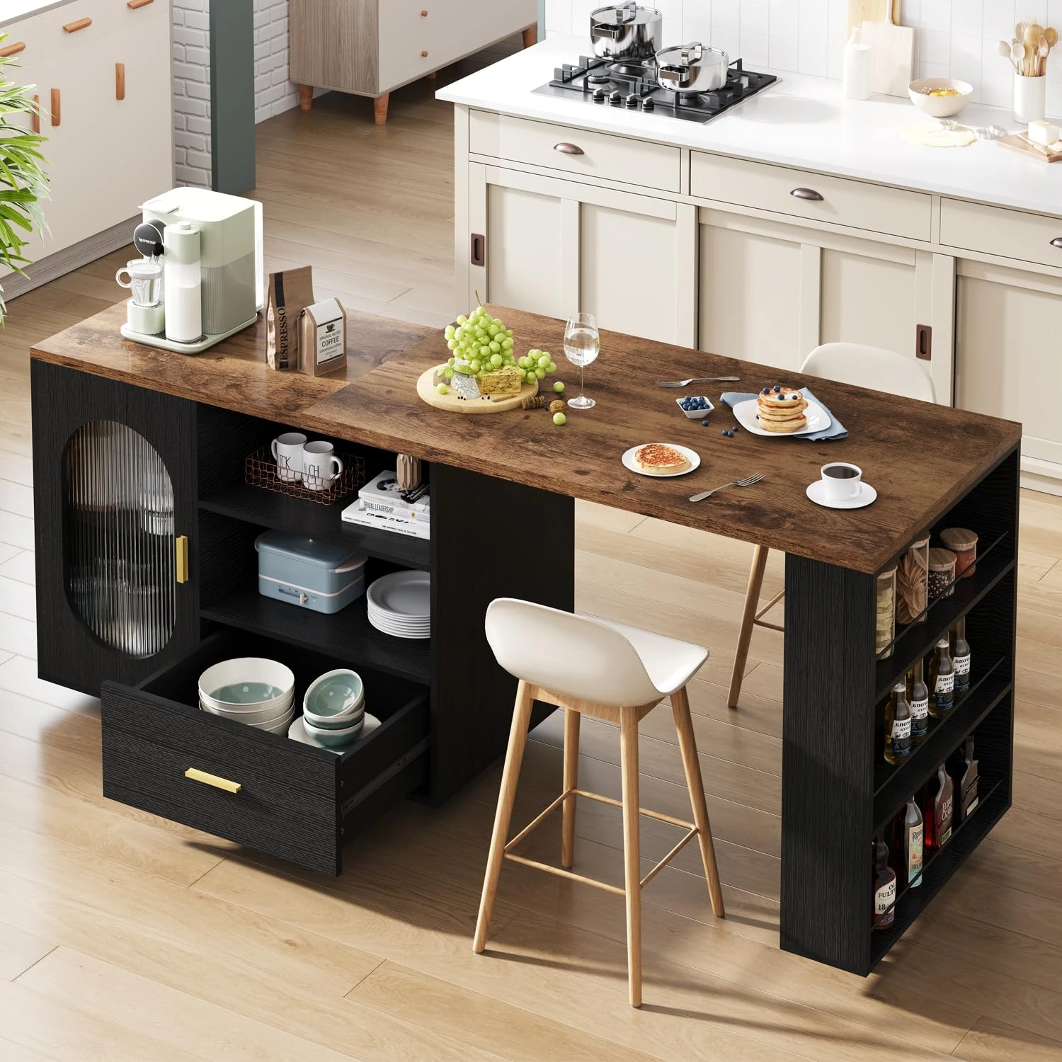 IBF Black Kitchen Island on Wheels, Rolling Kitchen Trolley with Swivel Wood Worktop, Cabinet, Open Shelf &Spice Rack, Mobile Farmhouse Kitchens Cart with Storage for Dinning Room Home Bar, 184cm