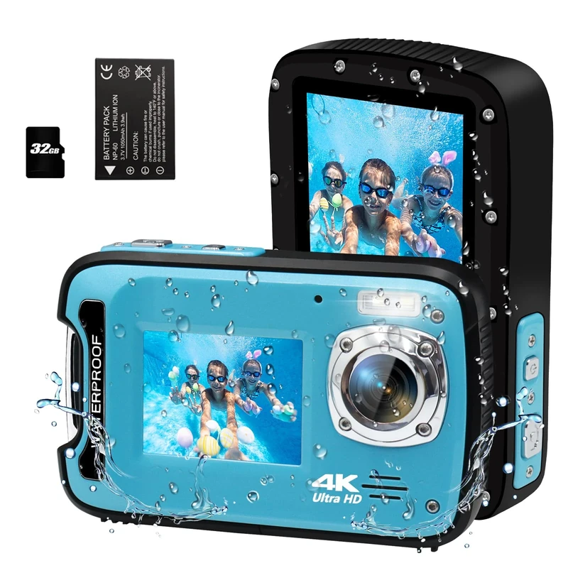 Underwater Camera 17FT 4K 48MP Waterproof Camera for Snorkeling，Dual Screen Auto Focus Digital Camera with 32GB Card,18X Zoom Fill Light Compact Cameras