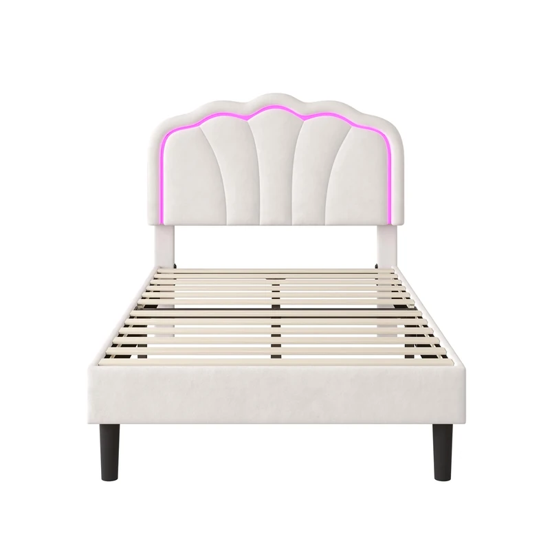 FurnitureR 3ft Single Upholstered Bed with LED Adjustable Shell Shape Headboard, Soft Velvet Bed Frame with Solid Wood Slat, No Box Spring Needed, Easy Assembly, Cream White (No Mattress)