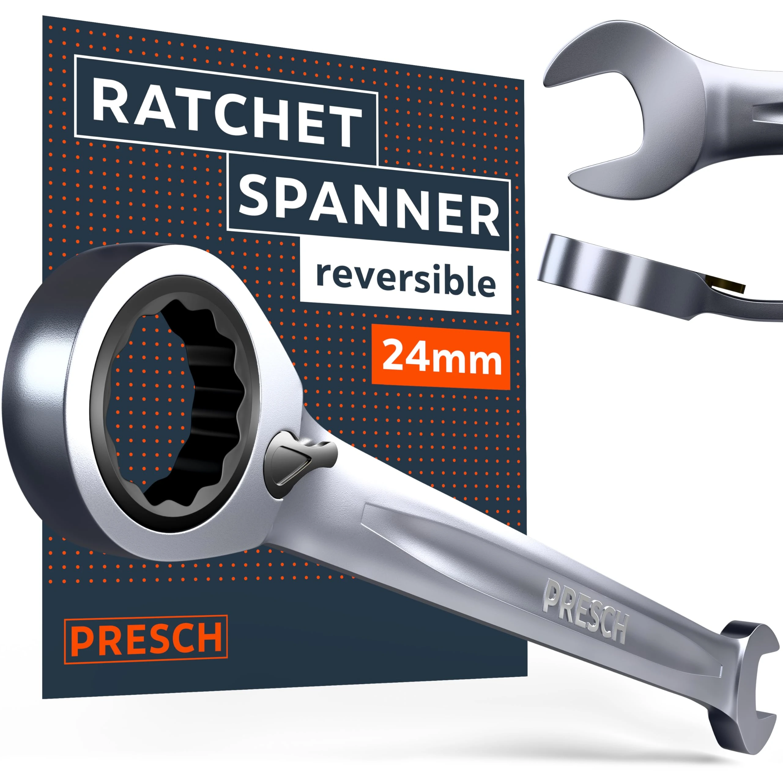 PRESCH Ratchet Spanner Reversible 24mm – Minimal Return Angle (3°, 120 Teeth) – 15° Offset for Tight Spaces – Precision-machined, Durable Ring Spanner - Metric Wrench