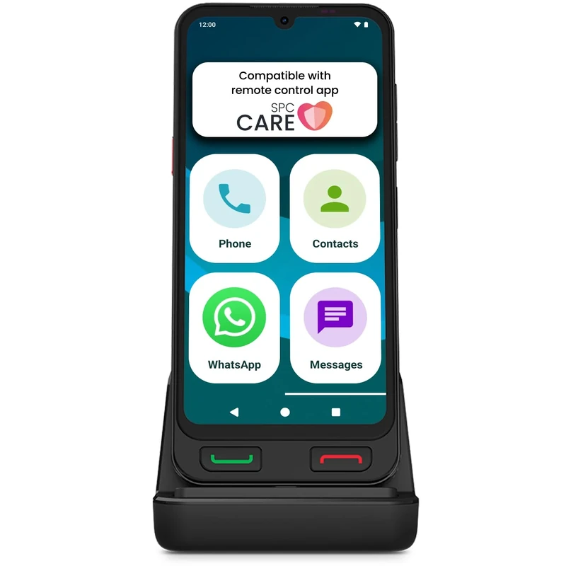 SPC Zeus 2 Pro – Senior smartphone compatible with app management and location remote | Easy Mode, physical buttons, XXL icons | 6.1” display, dual camera, 128GB | Charging base, SOS button