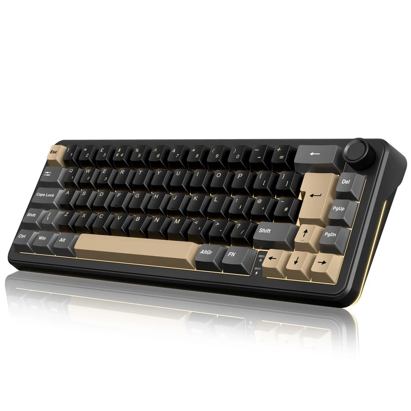 RedThunder K65 60% Wireless Mechanical Gaming Keyboard,Creamy Gasket-Mounted,Volume Knob,Ultra Compact UK Layout 67 Keys,2.4G/BT/USB-C,RGB Underglow Lighting,Hot swappable Fast Apricot Switch