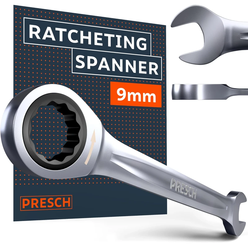 PRESCH Ratchet Spanner 9mm – Minimal Return Angle (4°, 90 Teeth) – 15° Offset for Tight Spaces – Precision-machined, Durable Ring Spanner
