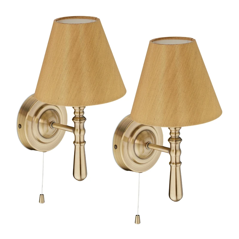 Relaxdays Wall Light, Set of 2, with Fabric Lampshade, Pull Switch, E14, 28x16x19 cm, Hallway & Bedroom Lamp, Brass