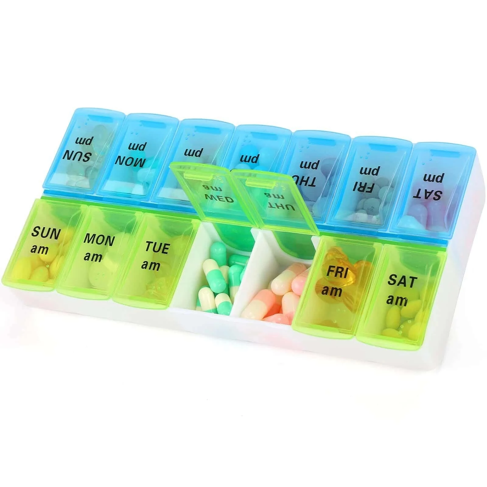 VINPAM Weekly Pill Organiser - 7 Day AM/PM Tablet Box, 14 Compartments Dosette Box for Daily Medication & Travel,Compact Pill Case for Vitamins (Blue-Green)