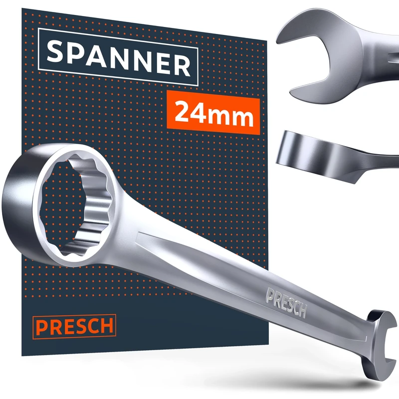 PRESCH Combination Spanner 24mm - Precision-machined & exceptionally Robust Spanner - 15° Angled for Tight-Space Work - Professional Metric Combination Wrench