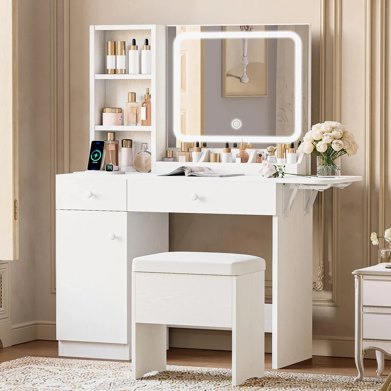 IRONCK Vanity Desk with LED Mirror and Stool, Dressing Table with Charging Station 2 Drawers & Storage Cabinet, Dimmable Lighting (3 Color Modes)，Modern Makeup Table for Women Bedroom White