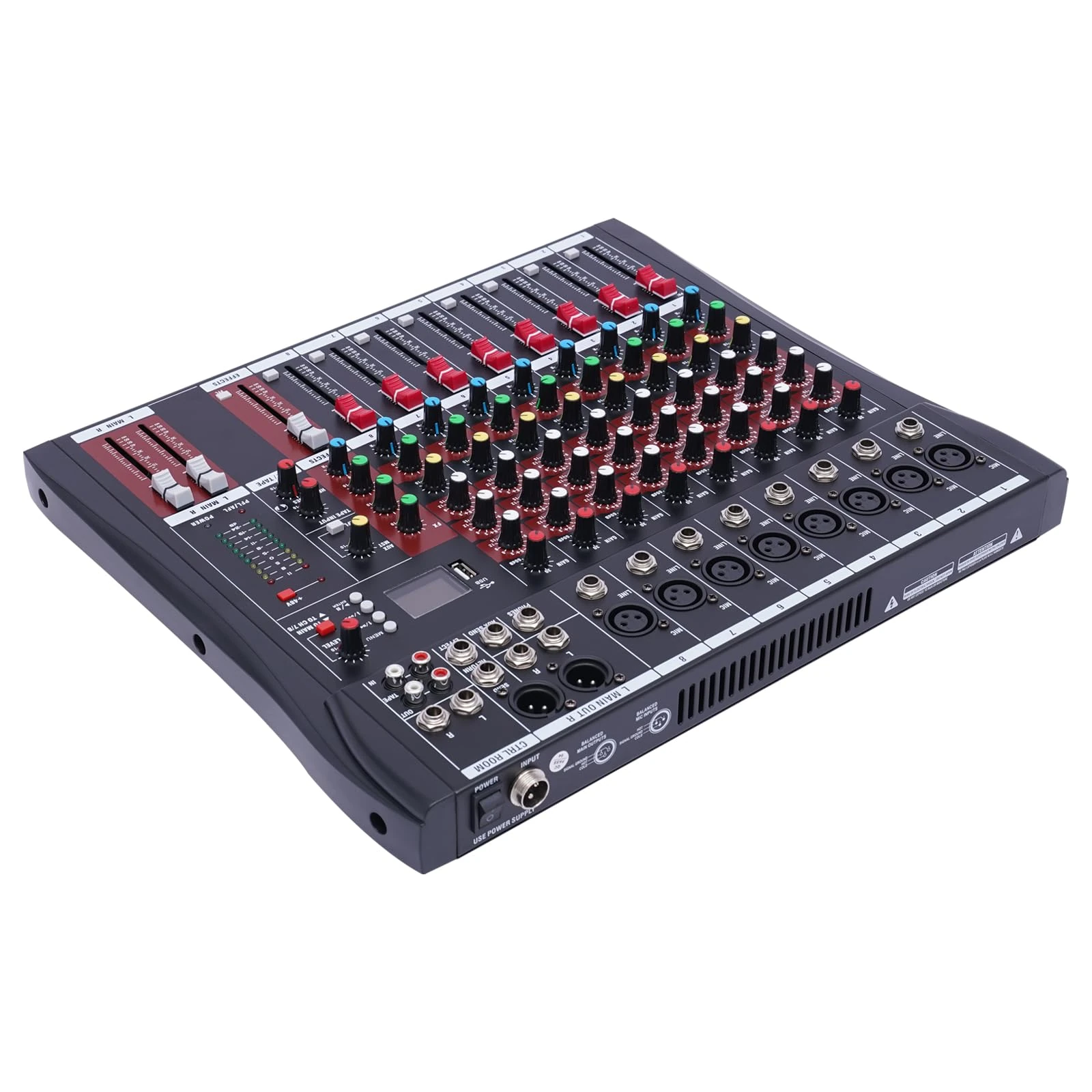 Three-band Equalizer Professional Audio Mixer Sound Board Console Desk System Interface 8 Channel Microphone Input Multiple Connections USB,Real-time Monitoring,+48V Phantom Power,with Indicators and