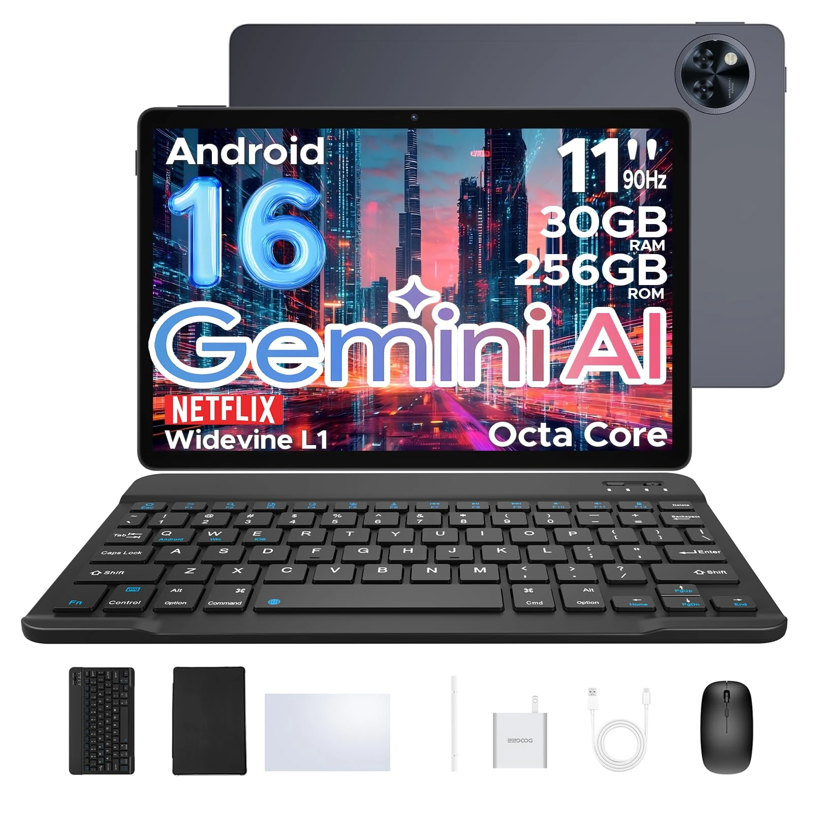 DOOGEE U11 Pro Newest Android 16 AI Tablet, 11 Inch Android Tablets, 30GB RAM+256GB ROM/2TB, 90Hz Octa Core, 8580mAh Battery, Widevine L1|Gemini AI|5G WiFi, Tablet with Pen, Keyboard, Mouse&Case-Gray