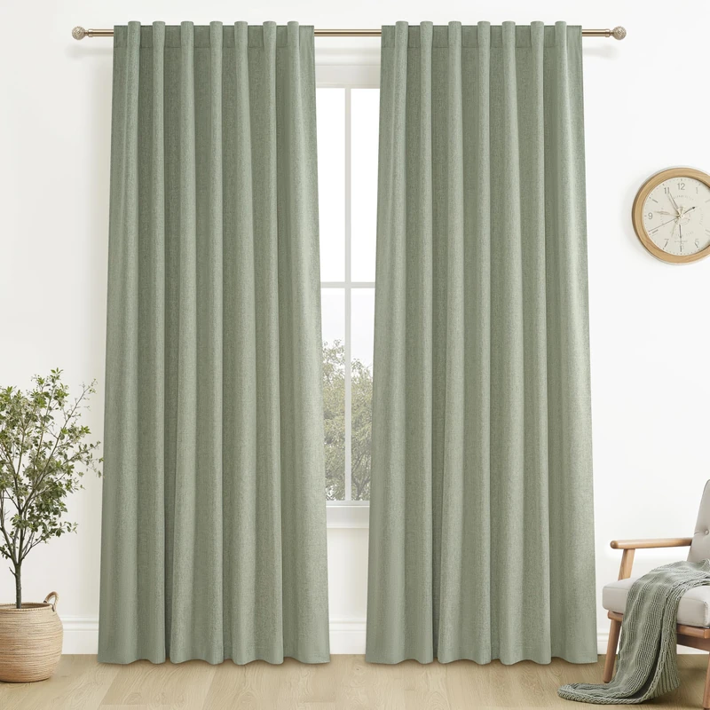 Sage Green Blackout Linen Curtains 90 Inches Long for Living Room Bedroom, Pleated Window Track Curtain with Pin Hooks Belt Boho Light Green Drapes Thermal Insulated (50"Wx90"Lx2Panels) Back Tab