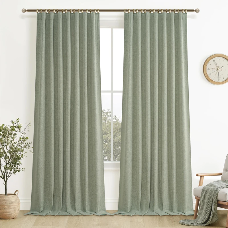 Sage Green Blackout Linen Curtains 108 Inches Long for Living Room Bedroom, Pleated Window Track Curtain with Pin Hooks Belt Boho Light Green Drapes Thermal Insulated (50"Wx108"Lx2Panels) Back Tab