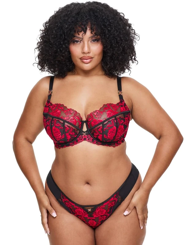 Ann Summers Endless Attraction Fuller Bust DD+ Non Padded Balcony Bra Black/Red, DD-G Cup, Womens Underwear with Unlined Lace Cups, Underwire Support & Sculpting Boning - Womens Lingerie