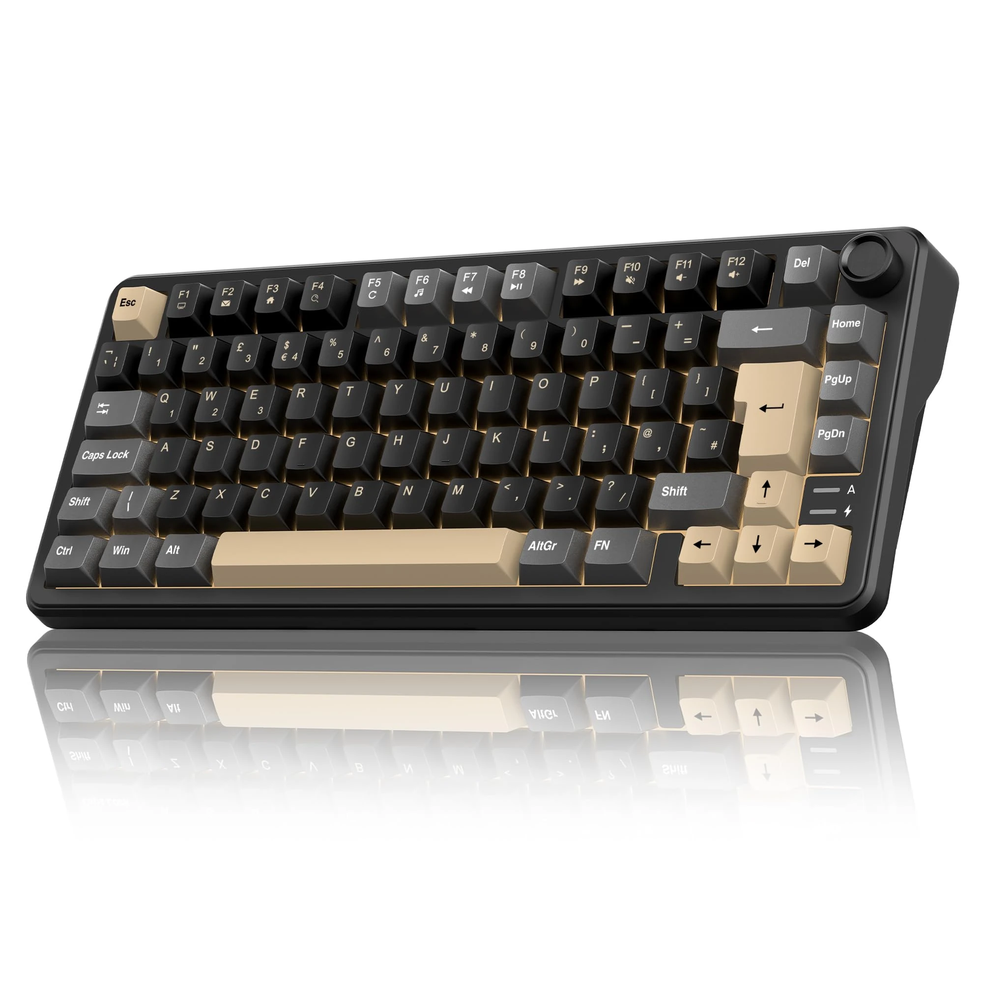 RedThunder K75 75% Wireless Mechanical Gaming Keyboard,Creamy Gasekt-Mounted,Volume Knob,UK Layout 81 Keys,2.4G/BT/USB-C,RGB Underglow Lighting,Hot swappable Fast Apricot Switch for PC Mac（Black Gold）