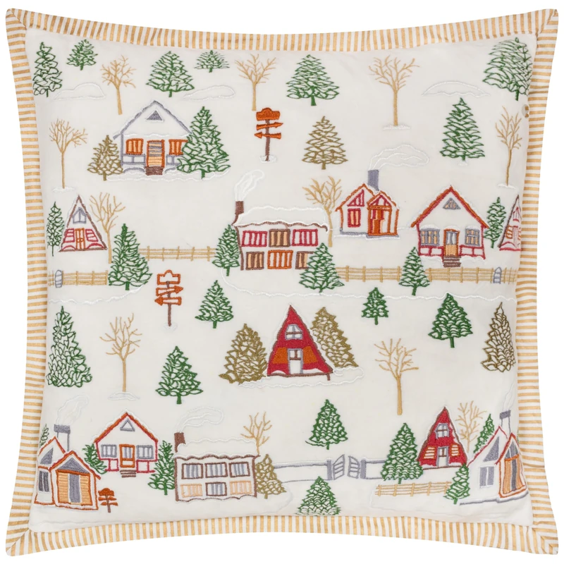 Paoletti Winter Ski Lodges Polyester Filled Cushion – Luxury Winter Lodge Embroidered Cotton Velvet Oxford Edge Festive Decorative Pillow (White – 50x50cm)
